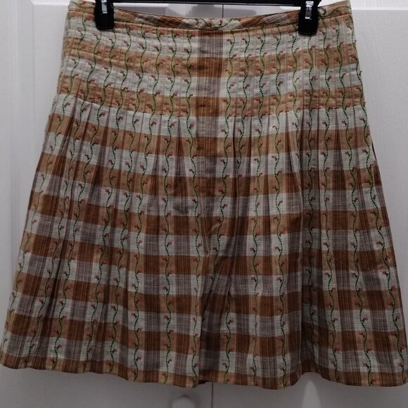 Free People Pleated Plaid Skirt Size 12 Floral Embroidered Cotton Boho Cottageco - Picture 3 of 10